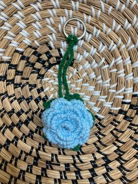 Handmade Blue Crochet Rose Keychain